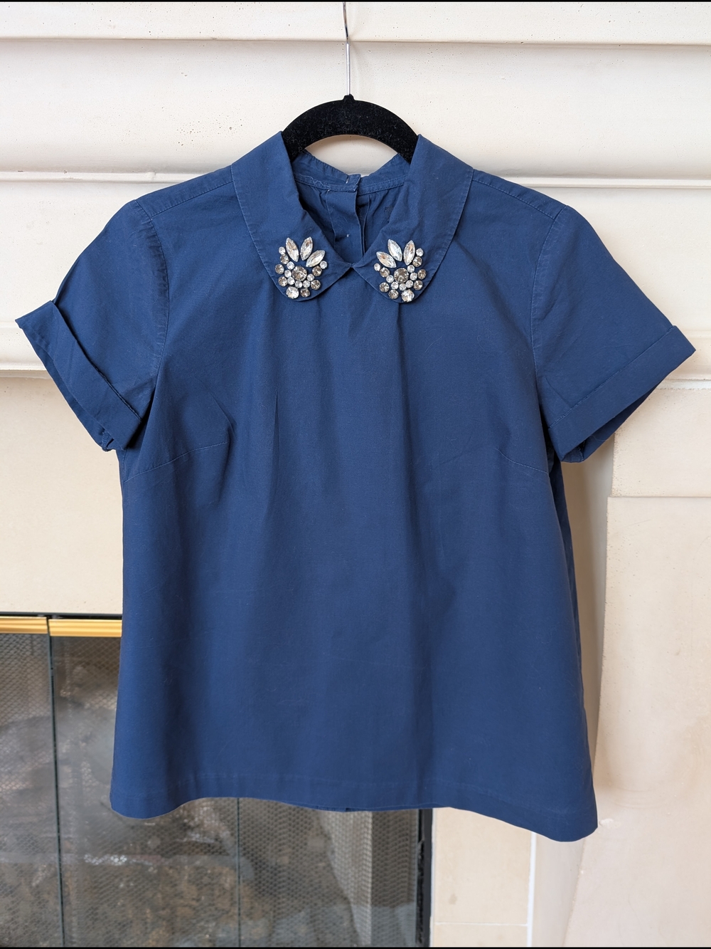Madewell Navy Blue Jeweled Peter Pan Collar Top